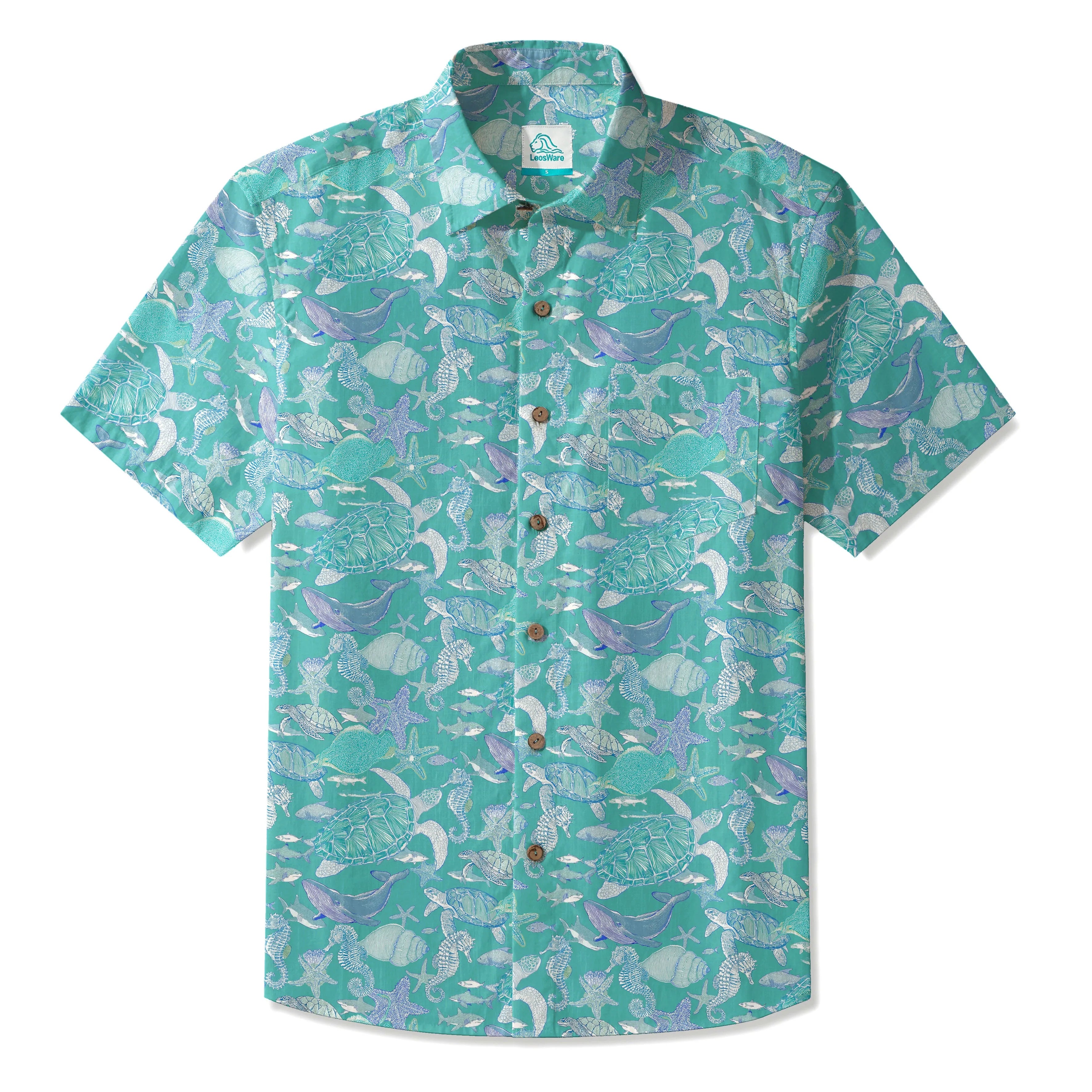 LeosWare® Men's Hawaiian Shirt Short Sleeve Button-up 100% Cotton Blue Aloha Azure Islet Sea Turtle
