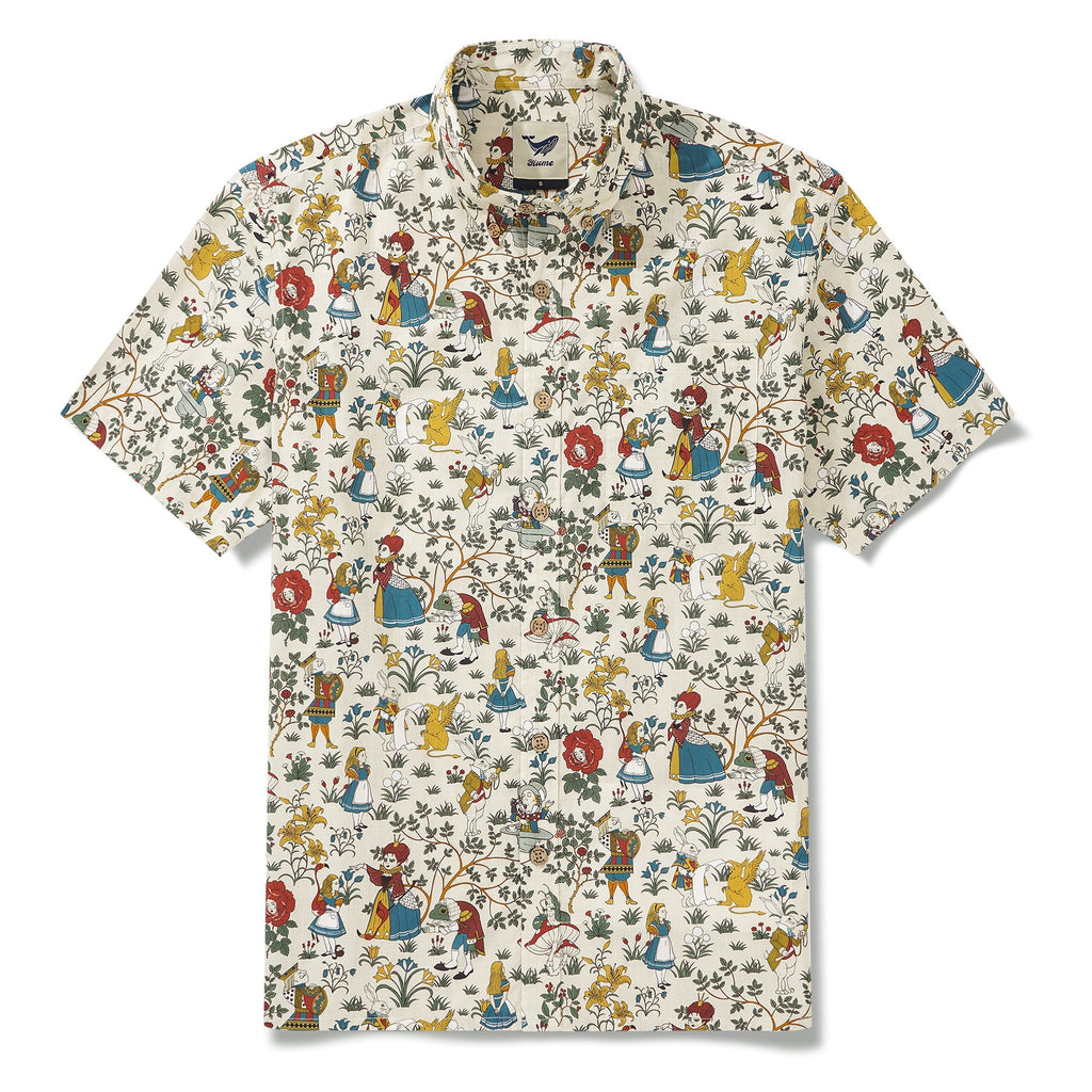 Men's Hawaiian Shirt Short Sleeve Button-down 100% Cotton Beige Aloha Alice's Wonderland