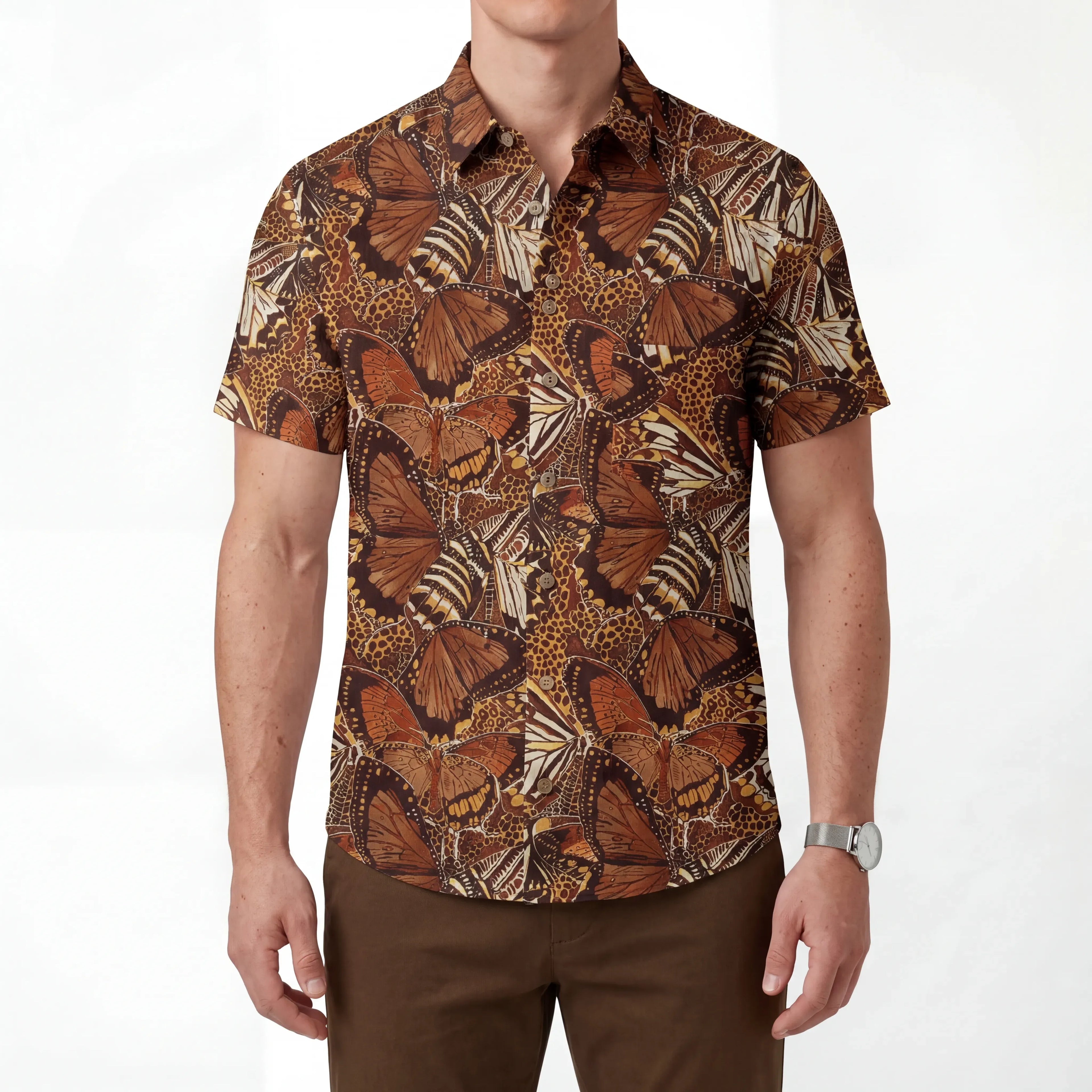LeosWare® Men's Hawaiian Shirt Short Sleeve Button-up 100% Cotton Brown Aloha Butterfly Haven