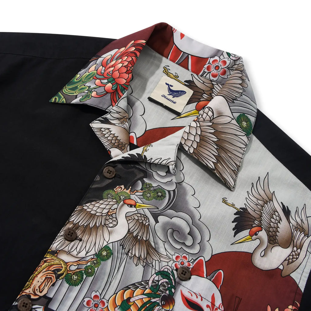Men's Hawaiian Shirt Short Sleeve Camp Collar 100% Cotton Black Kitsune Mask And Rooster Aloha The Edo Mythos