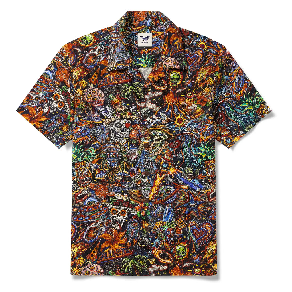 Men's Hawaiian Shirt Short Sleeve Camp Collar 100% Cotton Red Aloha Intergalactic Luau Graffiti