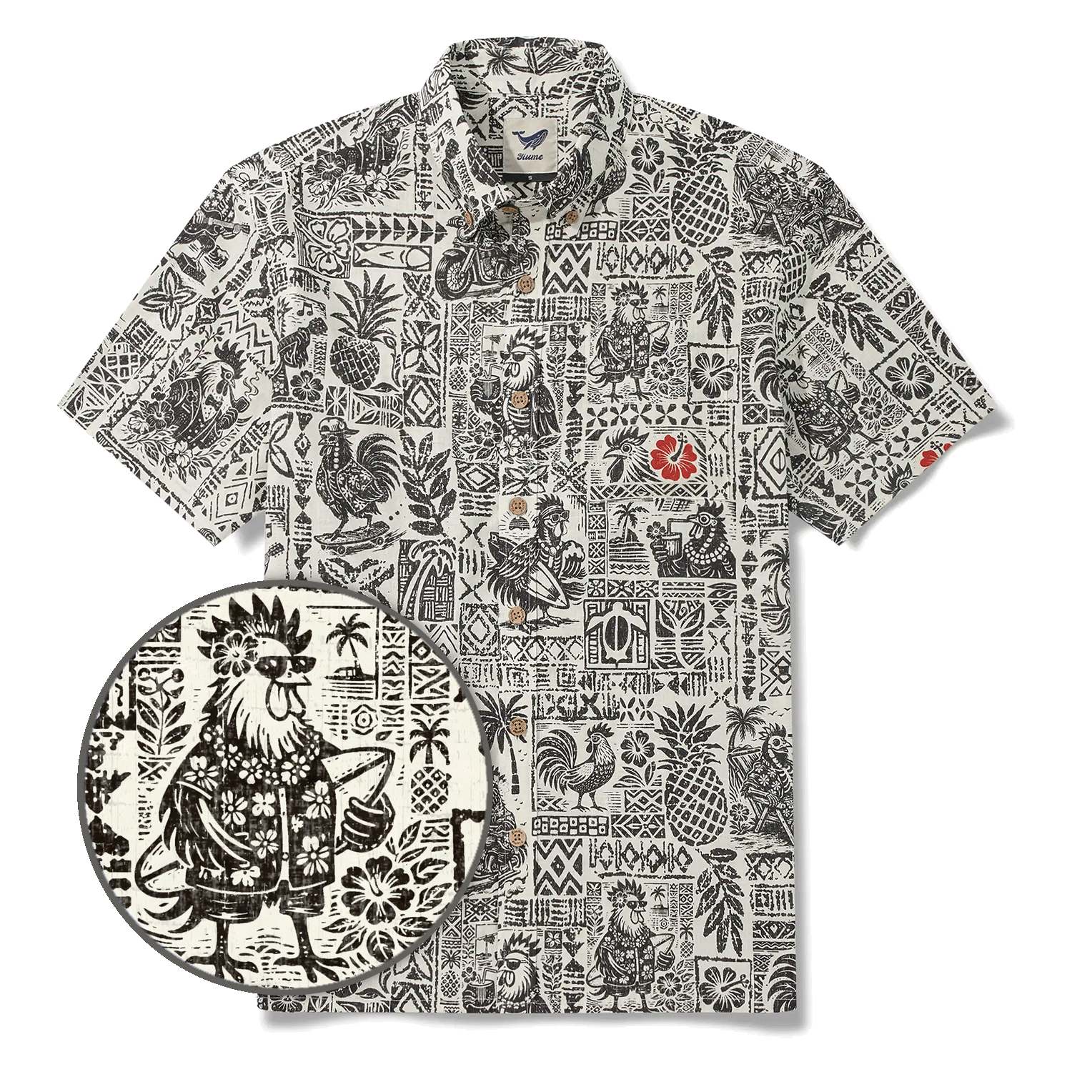 Men's Hawaiian Shirt Short Sleeve Button-down 100% Cotton Black Rooster Aloha The Bone Voyage