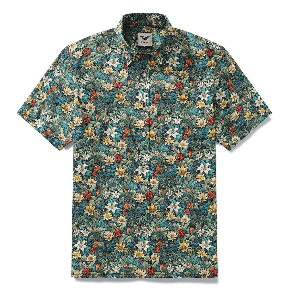 Men's Tropical Hawaiian Shirt Green Cotton Button-down Short Sleeve Aloha Shirt Jungle Adventure