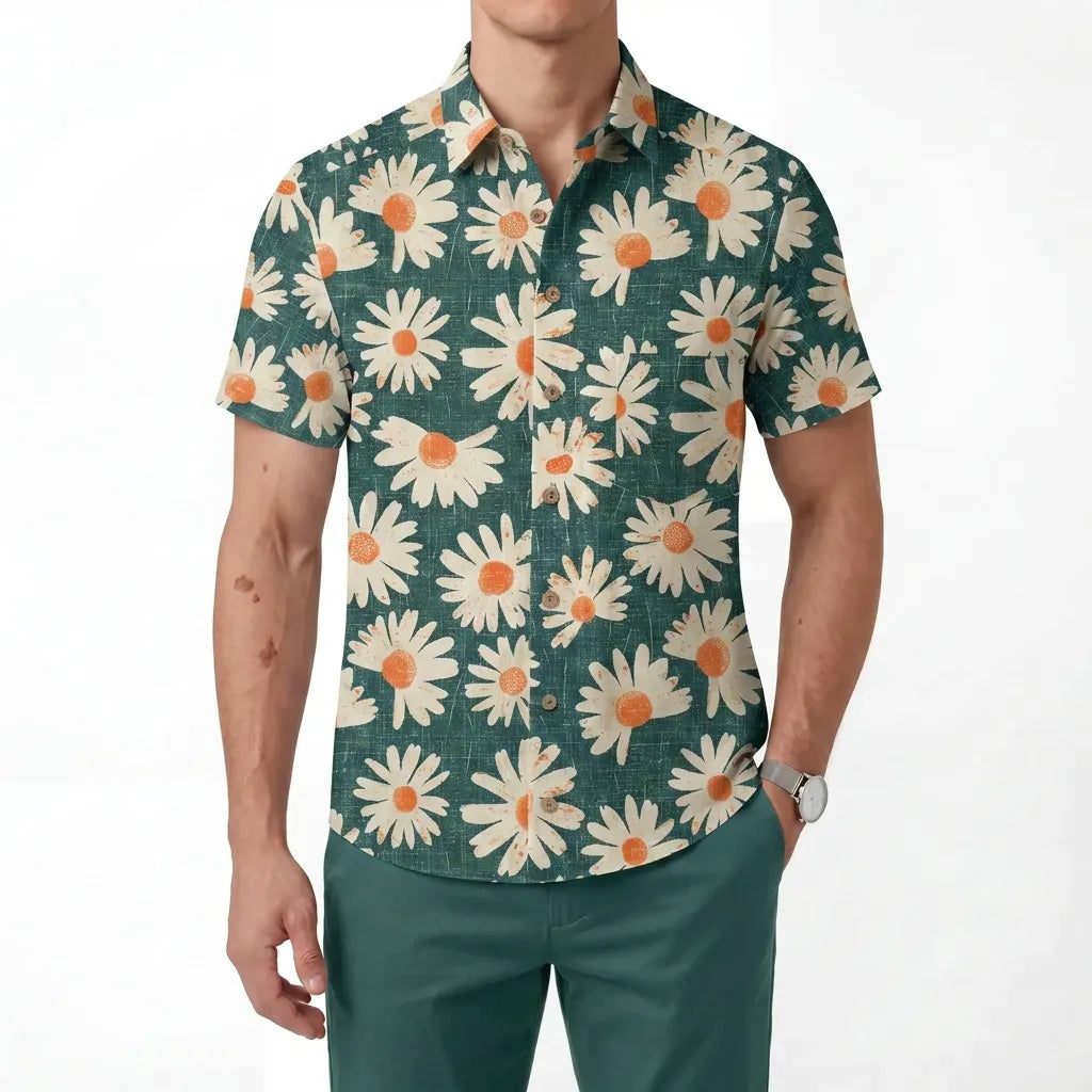 LeosWare® Men's Hawaiian Shirt Short Sleeve Button-up 100% Cotton Green Aloha Daisy Bottom
