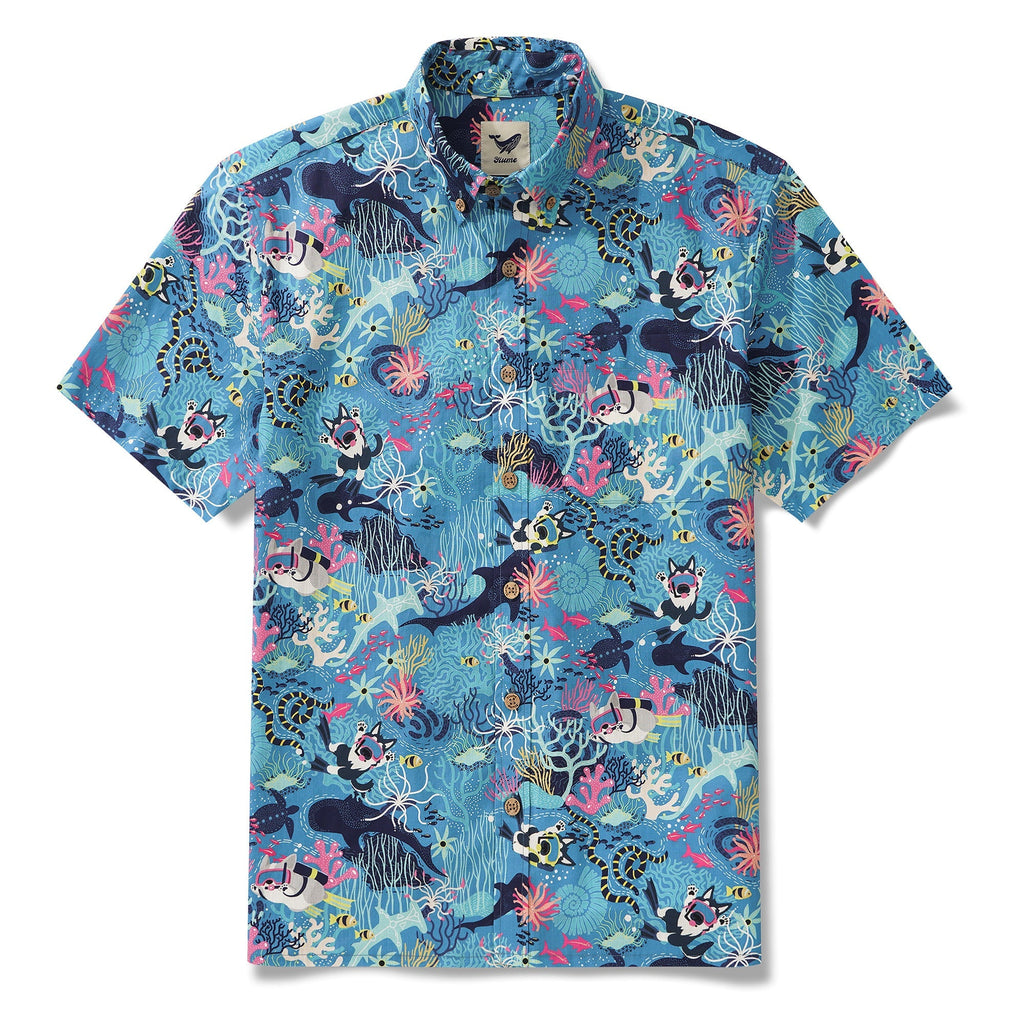 Men's Blue Hawaiian Shirt Fish & Turtle Shirt Short Sleeve Button-down 100% Cotton Blue Aloha Dive Pup