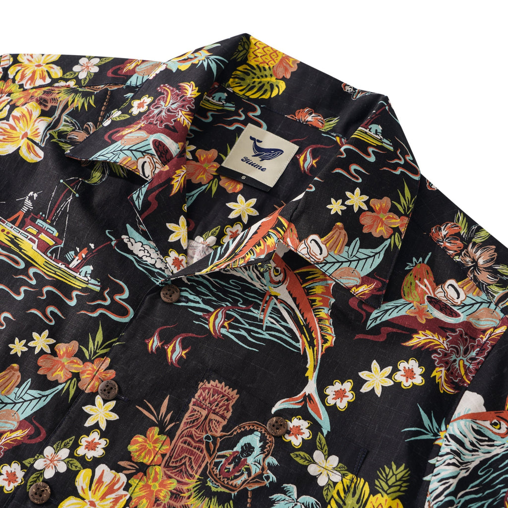 Tiki Men's Vintage Hawaiian Shirt Black Tiki Shirt Short Sleeve Camp Collar 100% Cotton Aloha Shirt Vintage Aloha