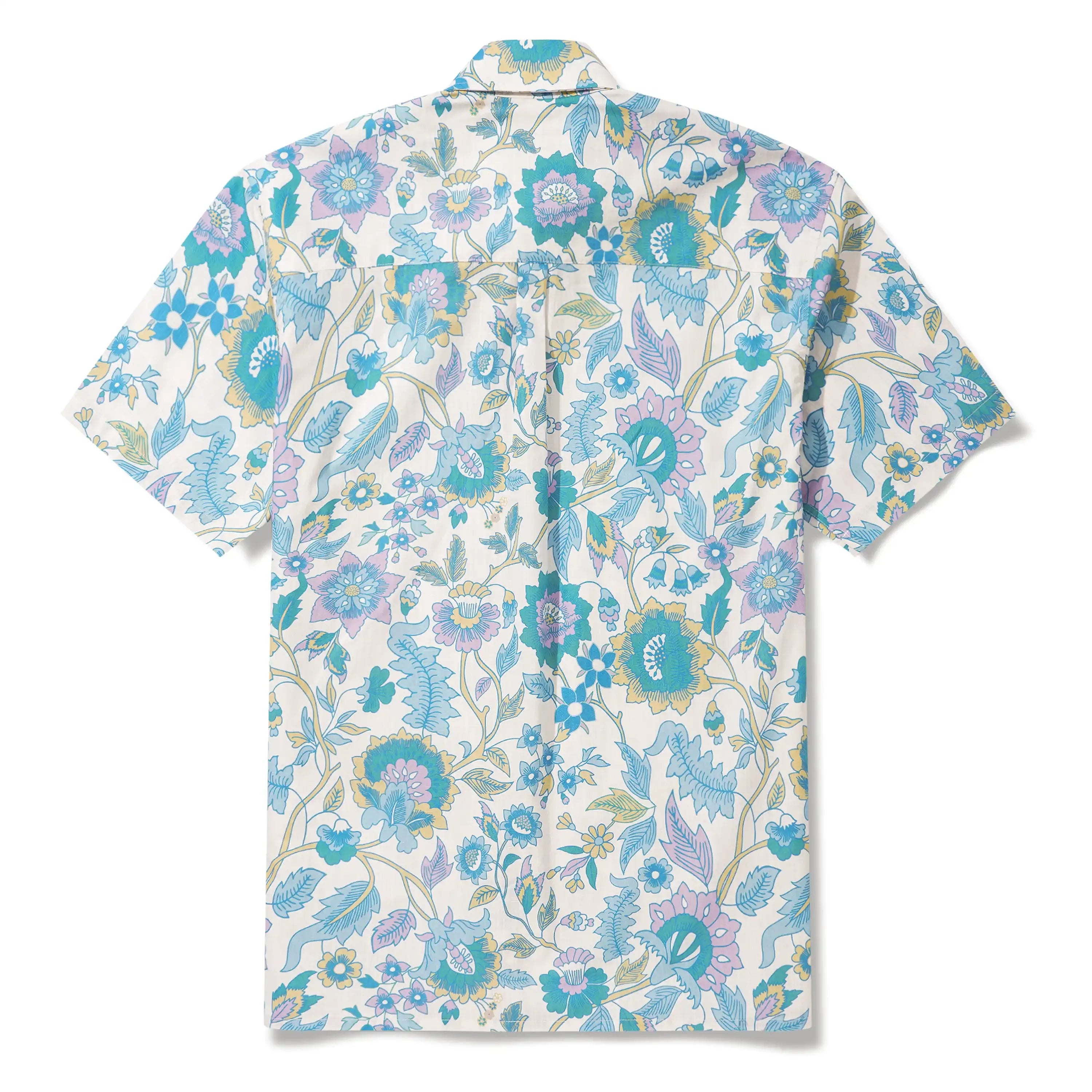 Men's Hawaiian Shirt Short Sleeve Button-down 100% Cotton Blue Aloha Farmhouse Italian Florals By Aqua Bubble