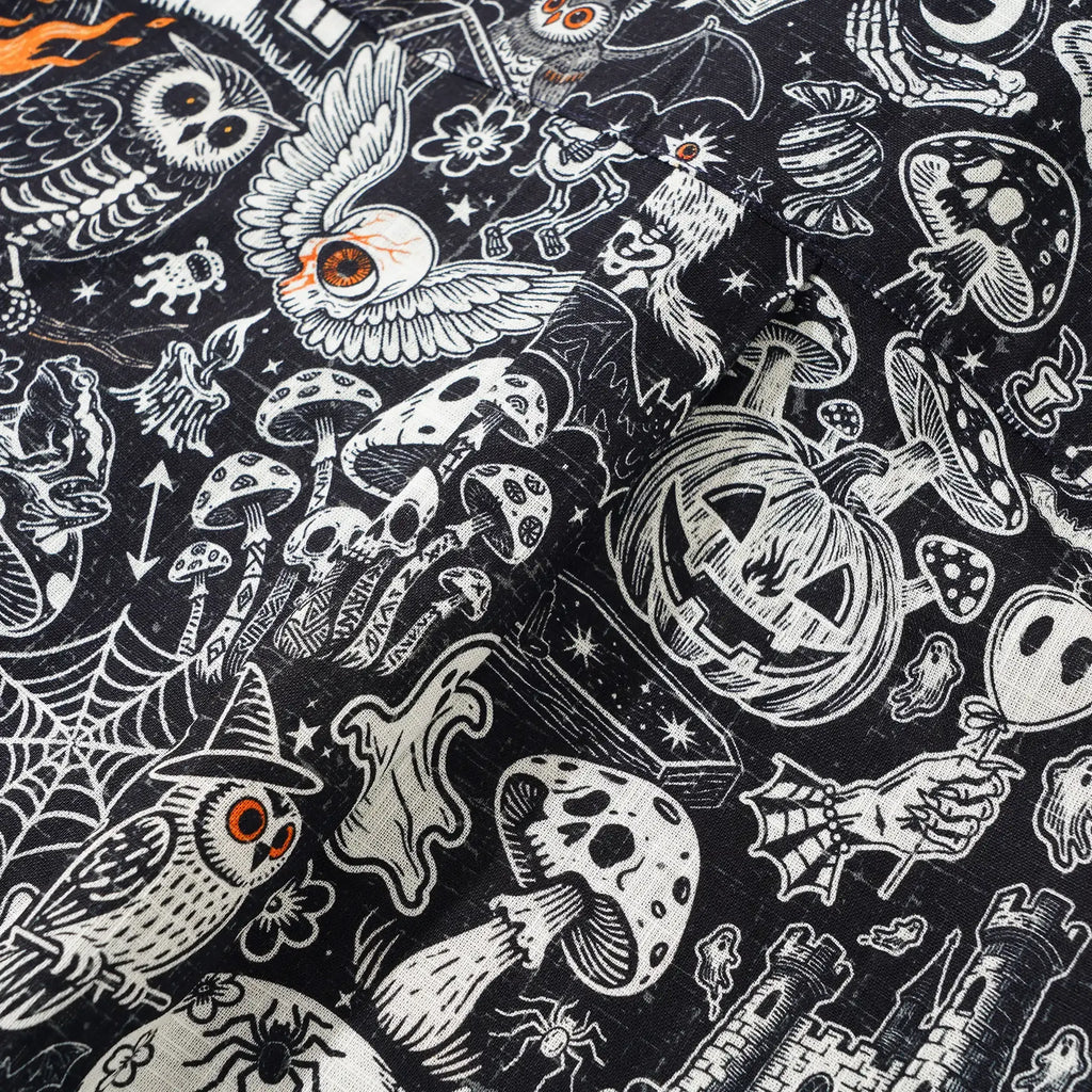 Halloween Gift Men's Hawaiian Shirt Long Sleeve Button-down 100% Cotton Black Aloha Halloween Bash