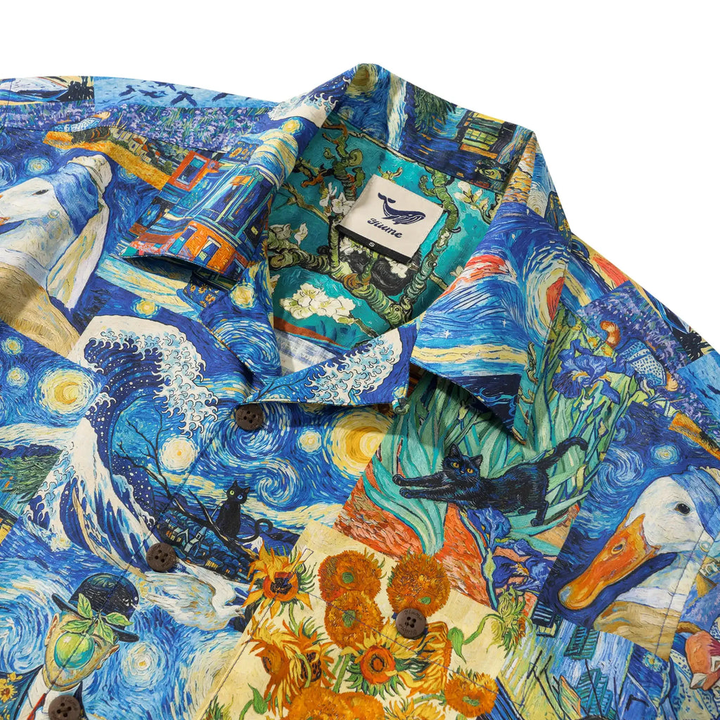 Men's Hawaiian Shirt Short Sleeve Camp Collar 100% Cotton Blue Aloha Starry Night Cat Fantasy