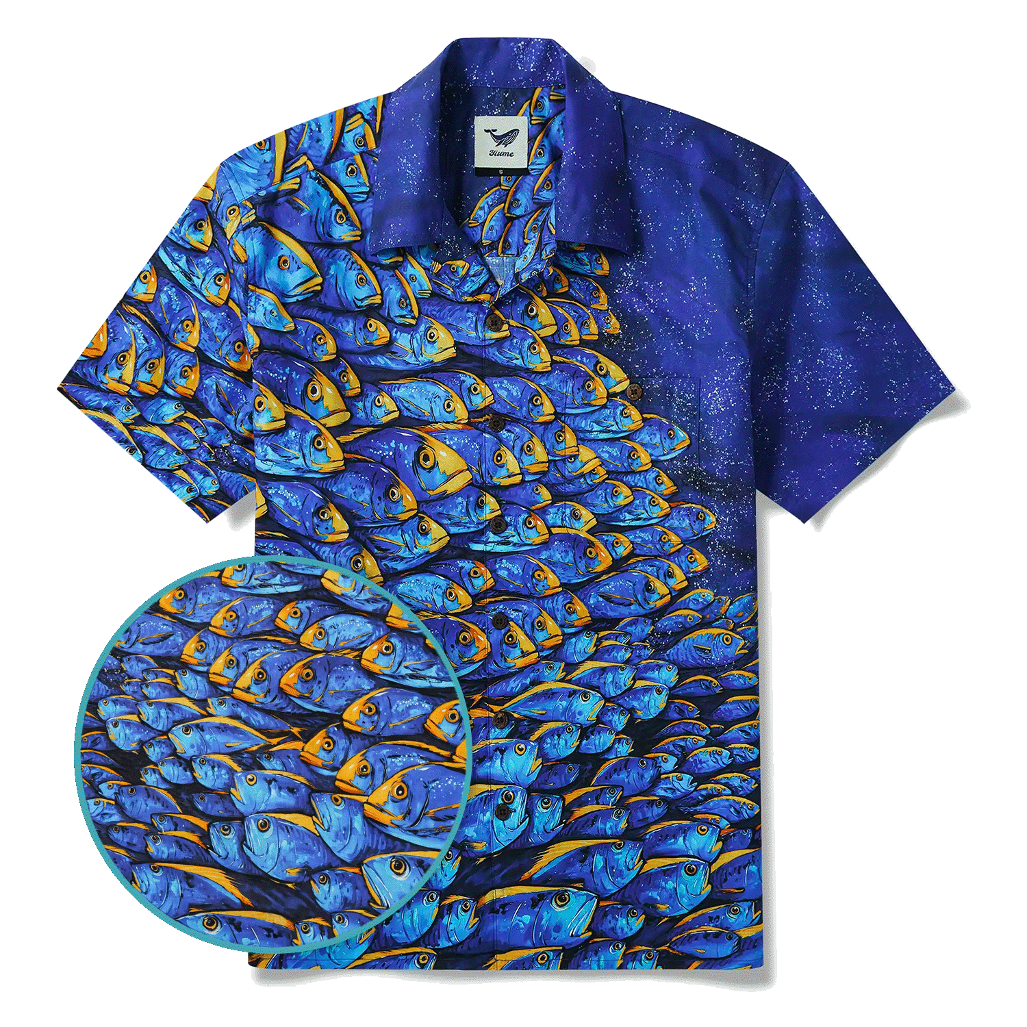 Men's Hawaiian Shirt Short Sleeve Camp Collar 100% Cotton Blue Aloha Ocean Fish Symphony