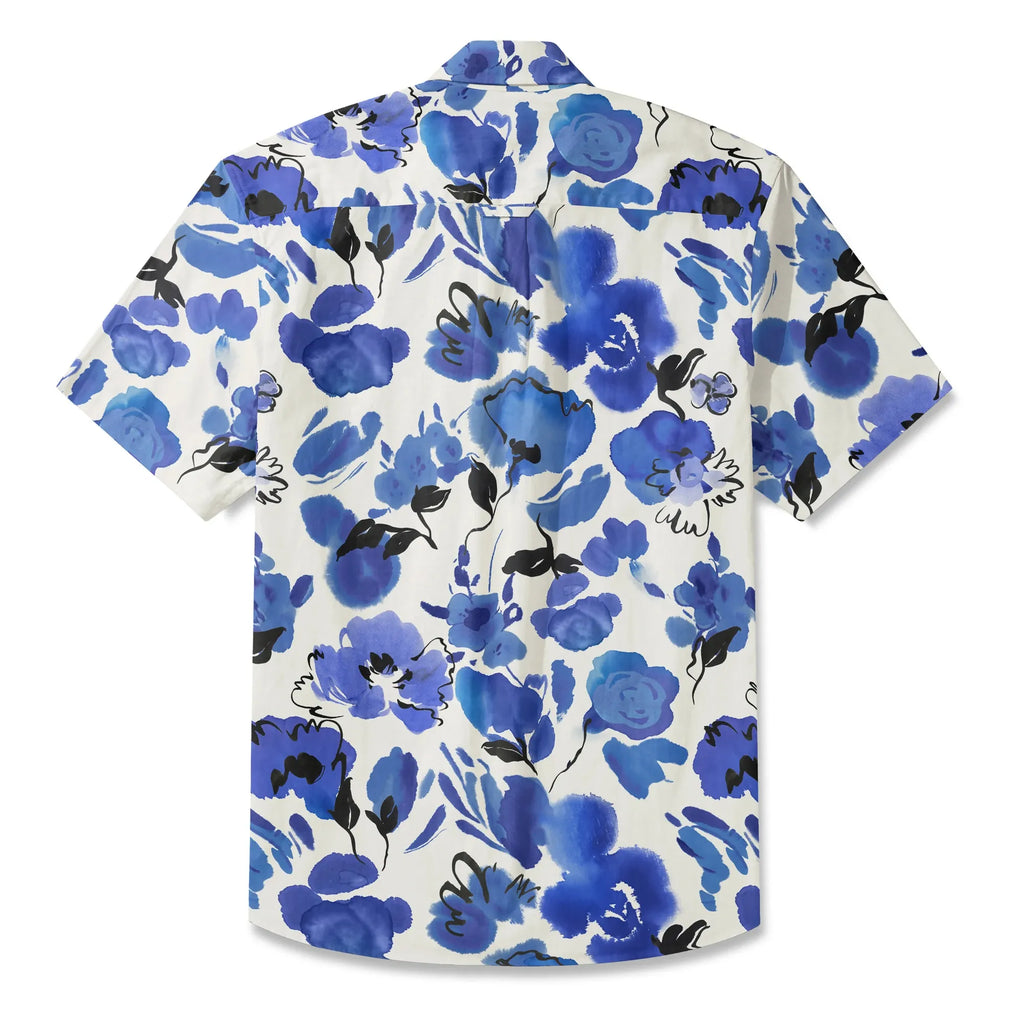 LeosWare® Men's Hawaiian Shirt Short Sleeve Button-up 100% Cotton Blue Aloha Ink Blue Florals