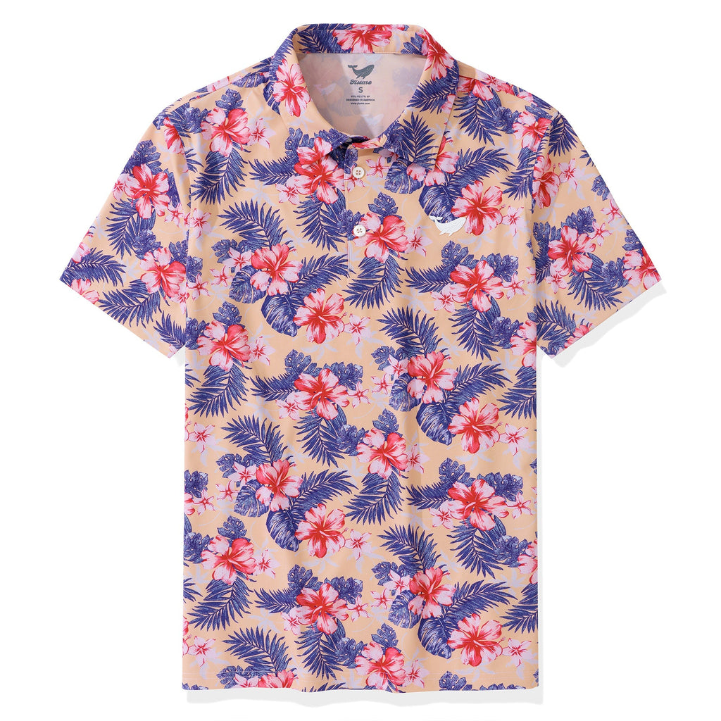 Men's Hawaiian Blooming Hibiscus Flower Print Short Sleeve Polo Shirt