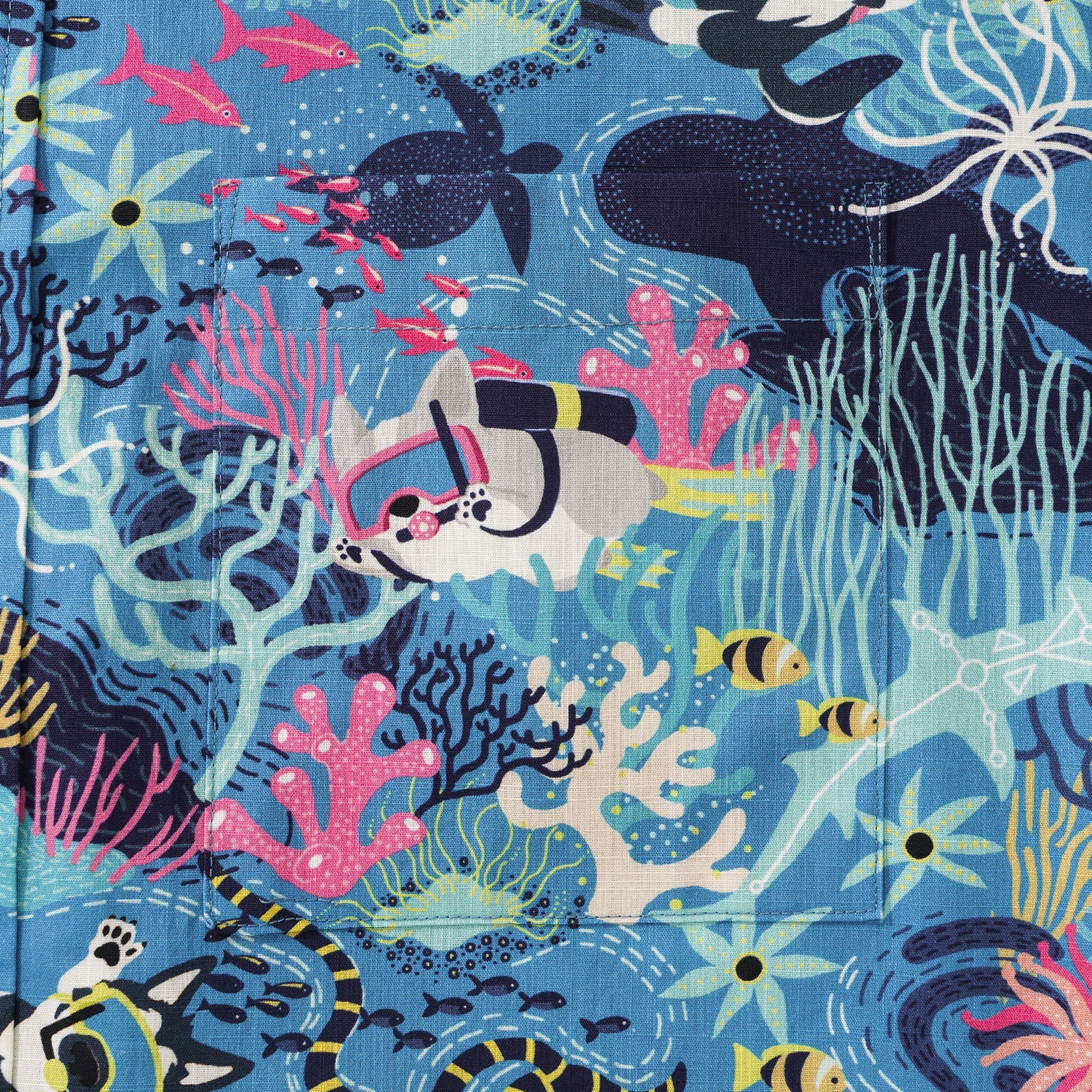 Men's Blue Hawaiian Shirt Fish & Turtle Shirt Short Sleeve Button-down 100% Cotton Blue Aloha Dive Pup