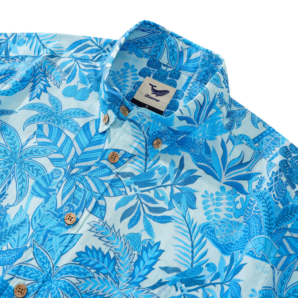Men's Blue Hawaiian Shirt Tropical Shirt Short Sleeve Button-down 100% Cotton Blue Aloha Jungle Paradise