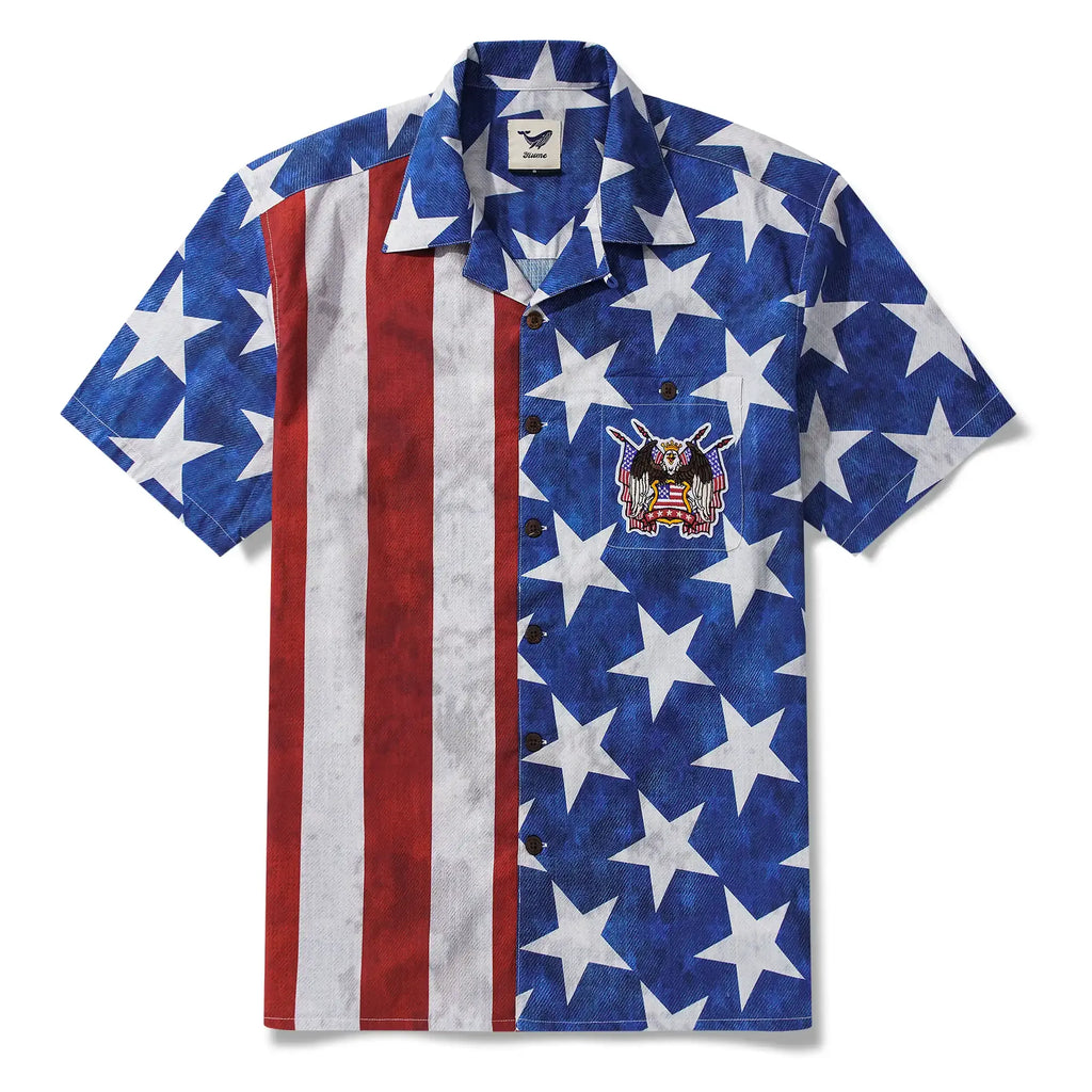 Men's Hawaiian Shirt Short Sleeve Camp Collar 100% Cotton Blue Aloha Patriot's Honor