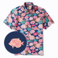 Men's Hawaiian Shirt Short Sleeve Button-down 100% Cotton Aloha Happy Fishes In The Coral Reef By Annick