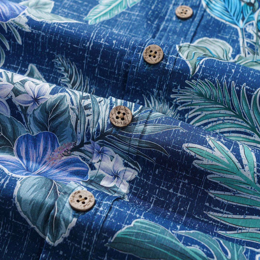 Men's Hawaiian Shirt Short Sleeve Button-down 100% Cotton Green Aloha Tranquil Blue Blossoms